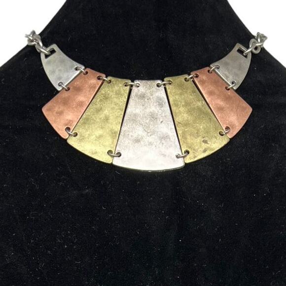 Tri-Tone Metal Bib Necklace - Modern Geometric Statement Piece - Picture 1 of 6